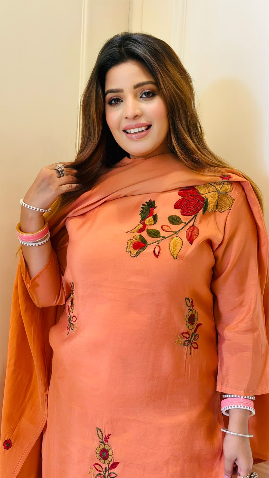 Anmol Maslin Suit Set- Orange, Pink