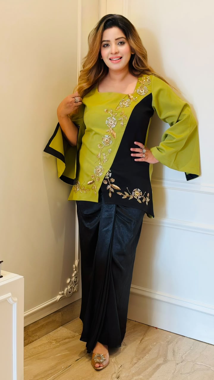 Charu Indo-Western Banana Crepe Dres- Green, Navy, Brown, Pink