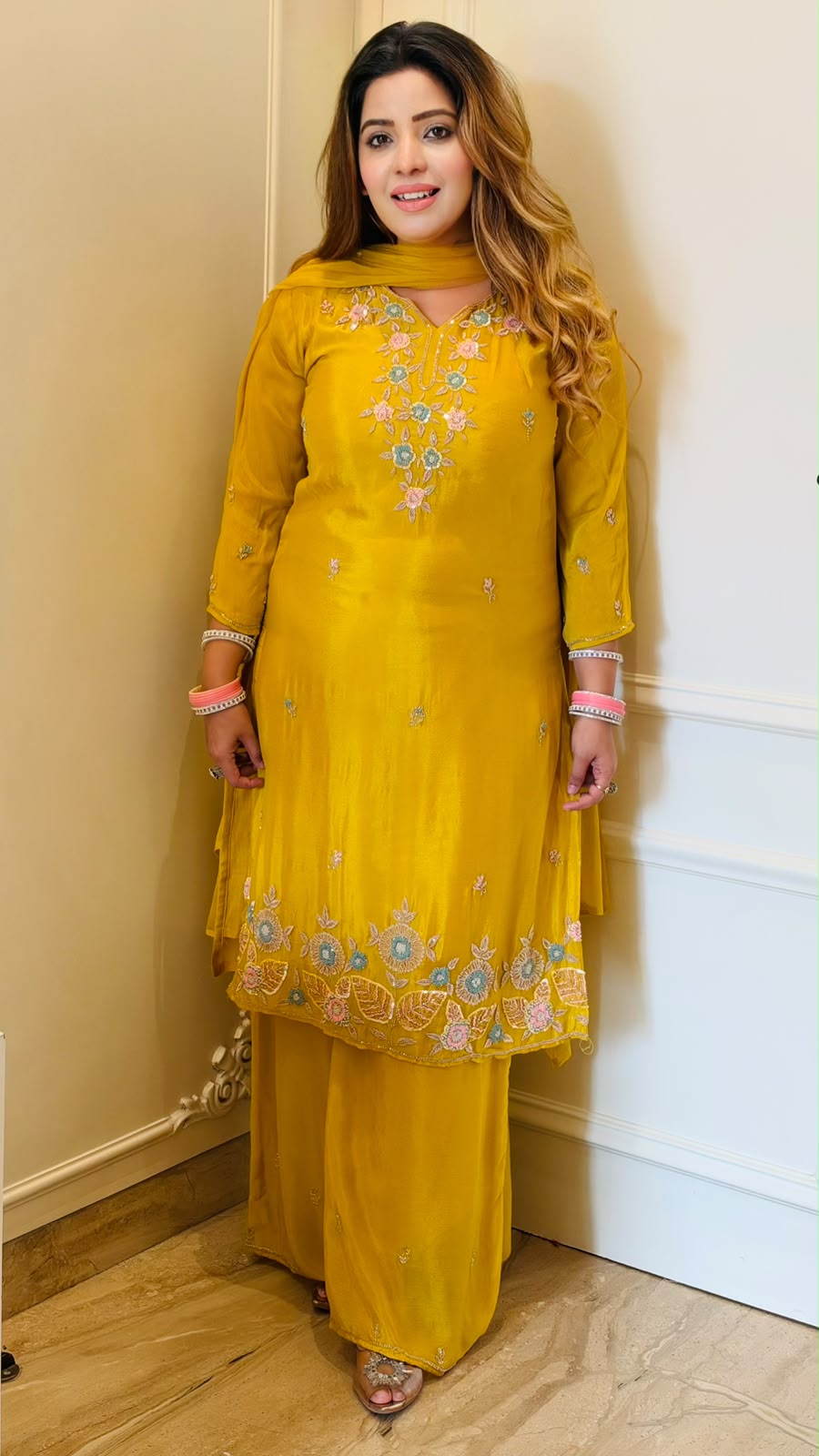 Divya Chinnon Suit Set- Yellow