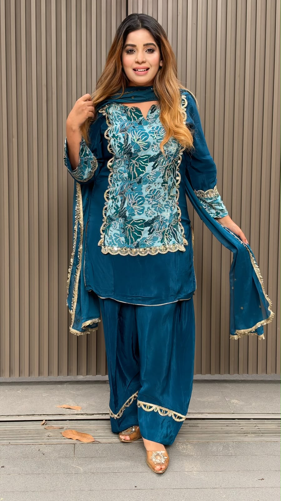 Ipsita Crepe Farshi Salwar Suit Set- Blue, Pink
