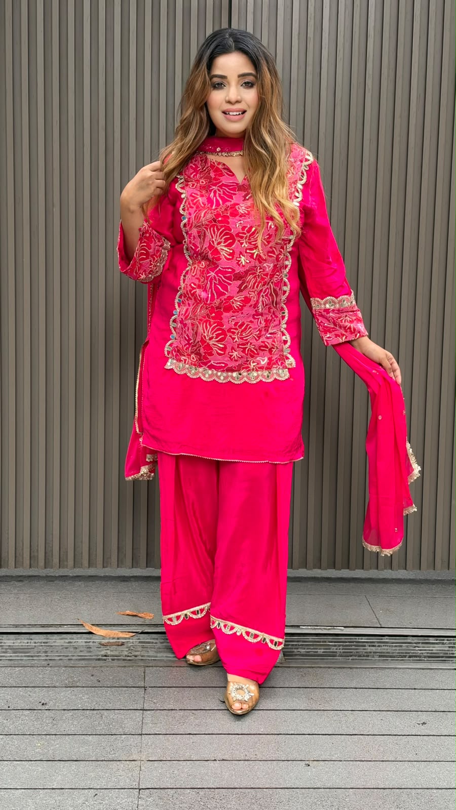 Ipsita Crepe Farshi Salwar Suit Set- Blue, Pink