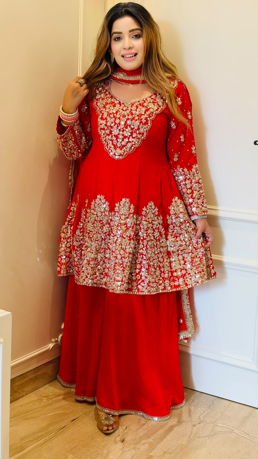 Kajal Crepe Peplum Sharara Suit Set- Orange