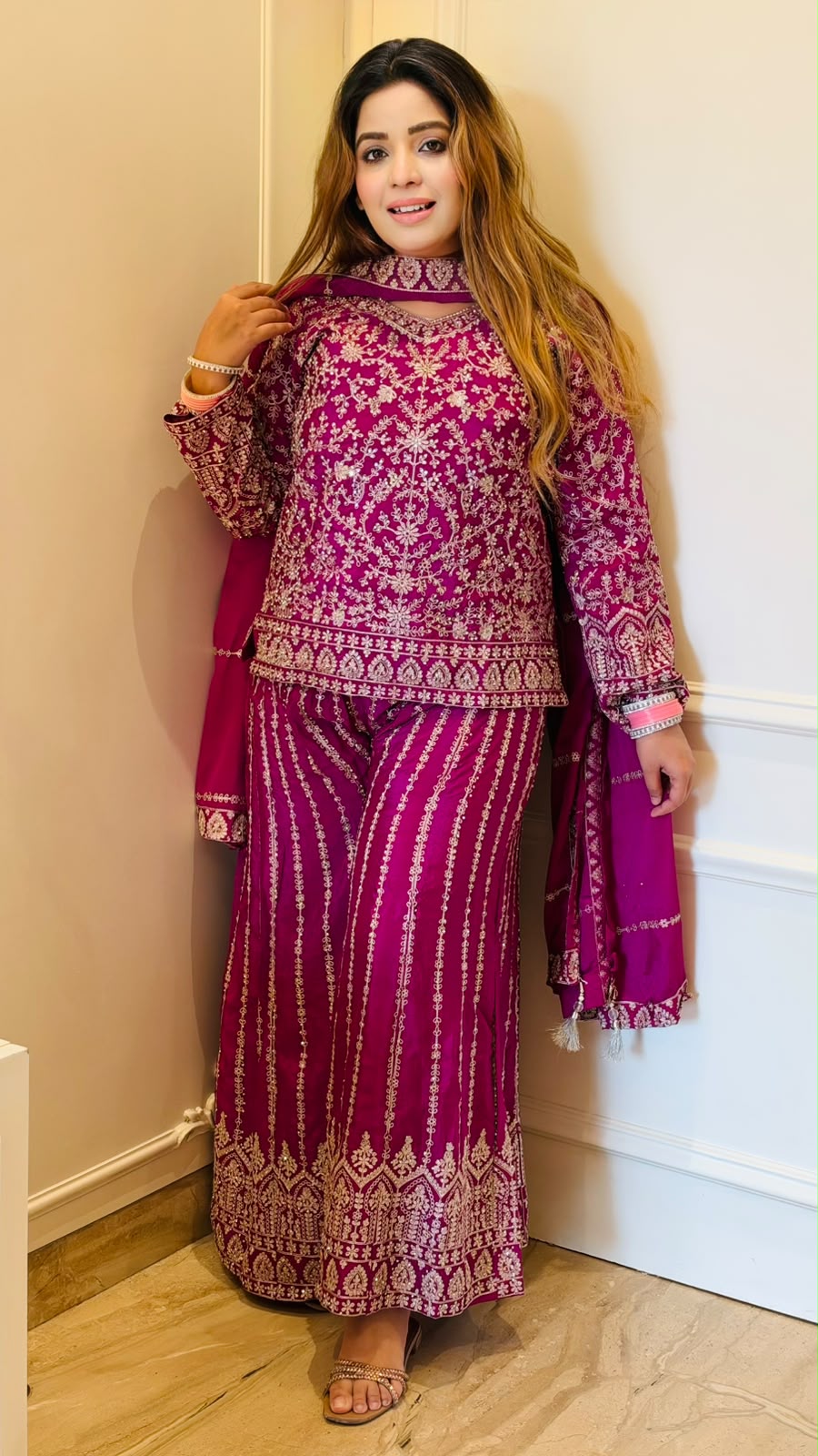 Kriti Indo-Western Plazo Dress- Magenta, Green