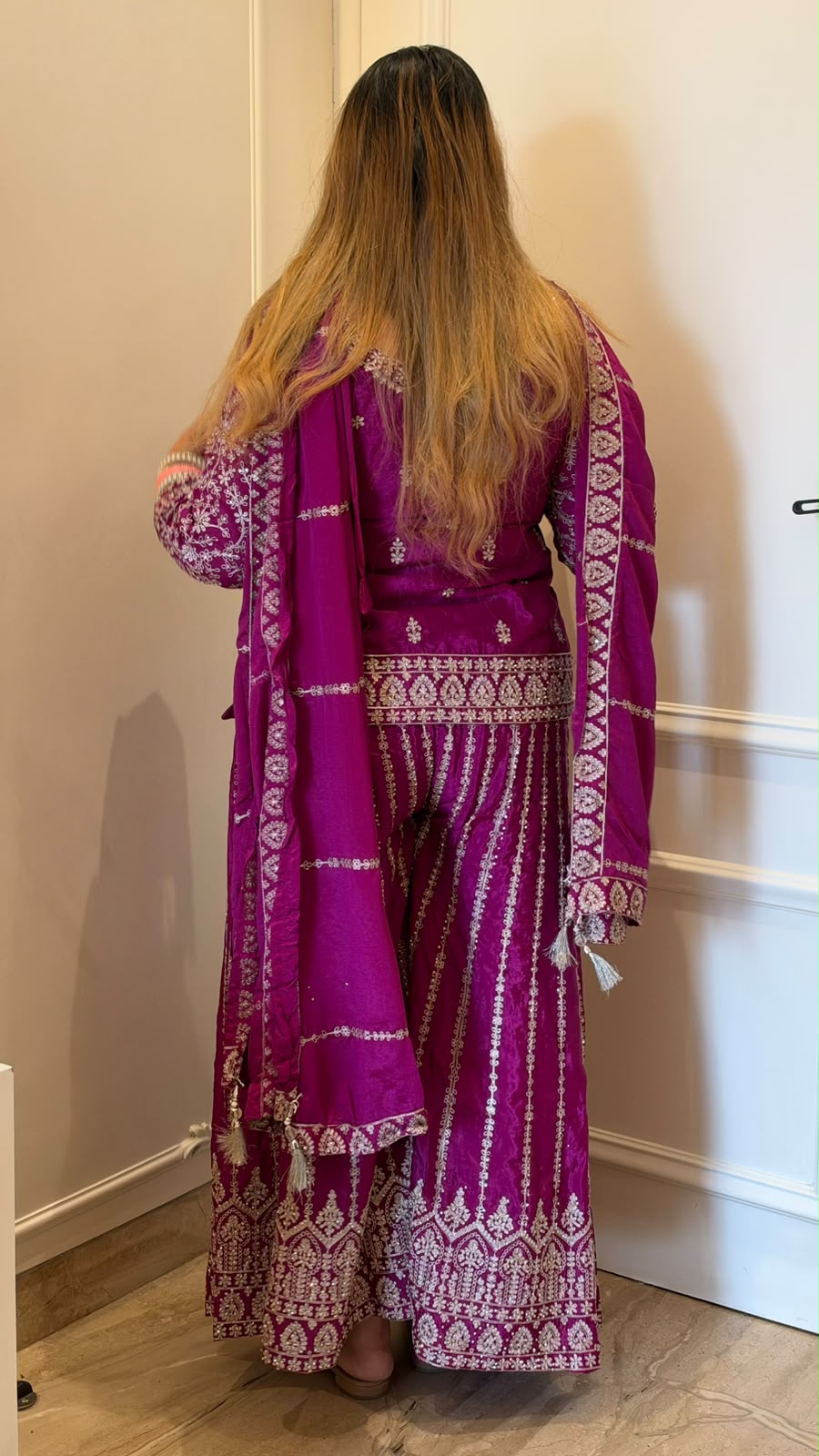Kriti Indo-Western Plazo Dress- Magenta, Green