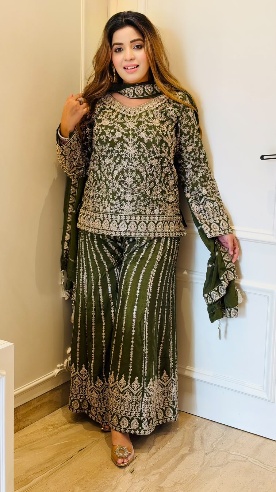 Kriti Indo-Western Plazo Dress- Magenta, Green