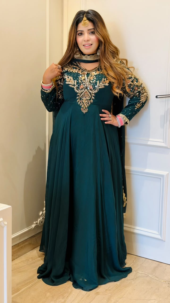 Lekha Georgette Anarkali Suit Set- Pink, Green, Blue