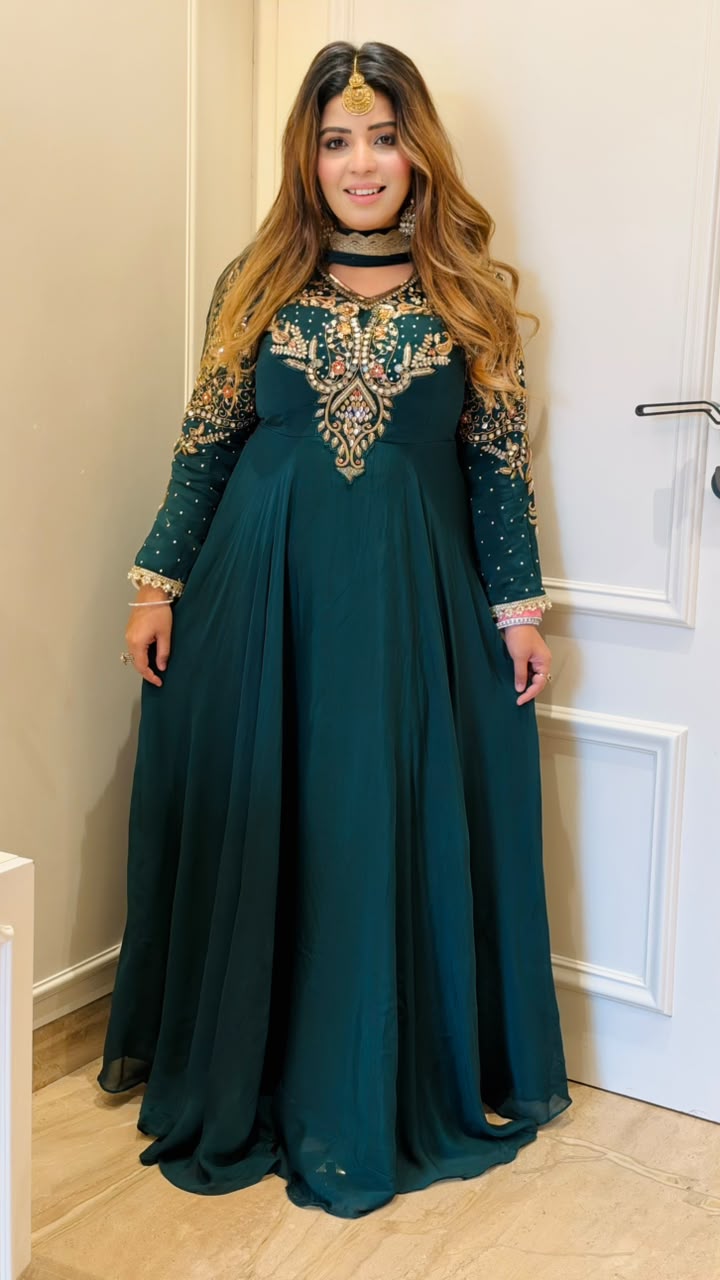 Lekha Georgette Anarkali Suit Set- Pink, Green, Blue