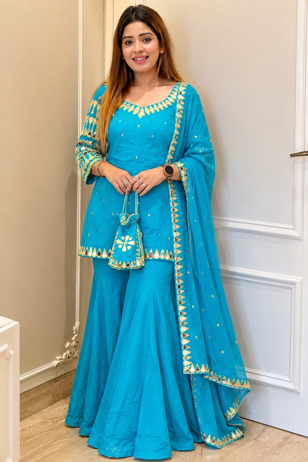 Manisha Crepe Plazo Suit Set- Blue, Pink