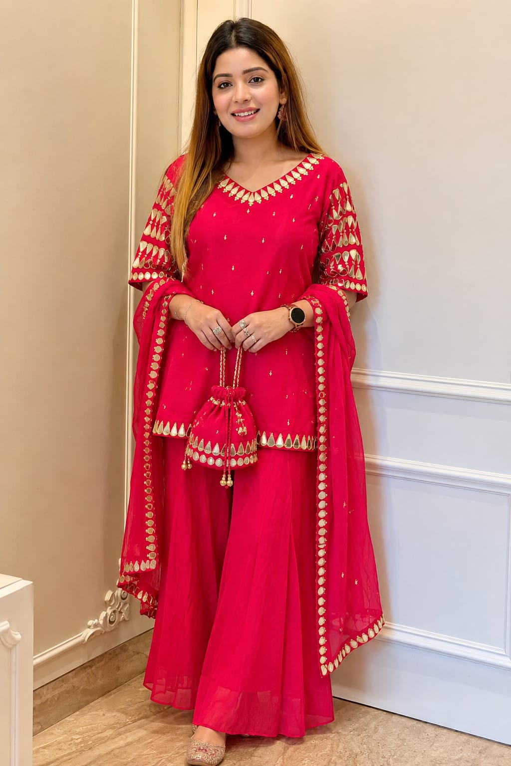 Manisha Crepe Plazo Suit Set- Blue, Pink