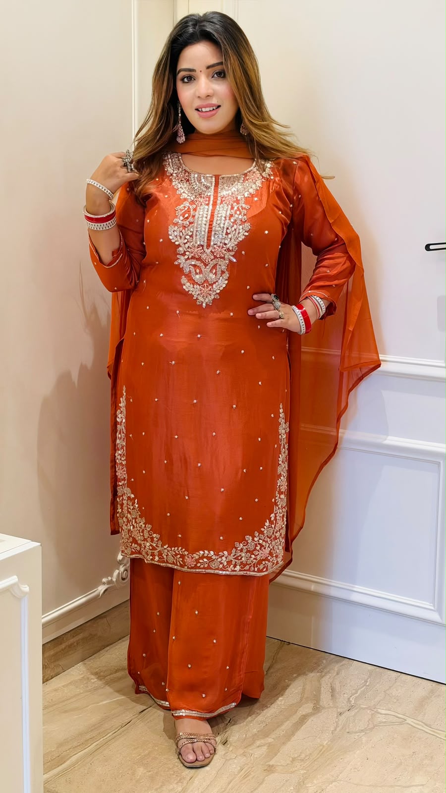 Naina Chinnon Suit Set- Orange