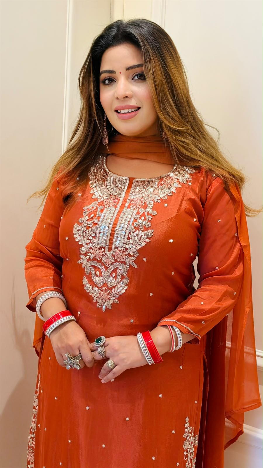 Naina Chinnon Suit Set- Orange