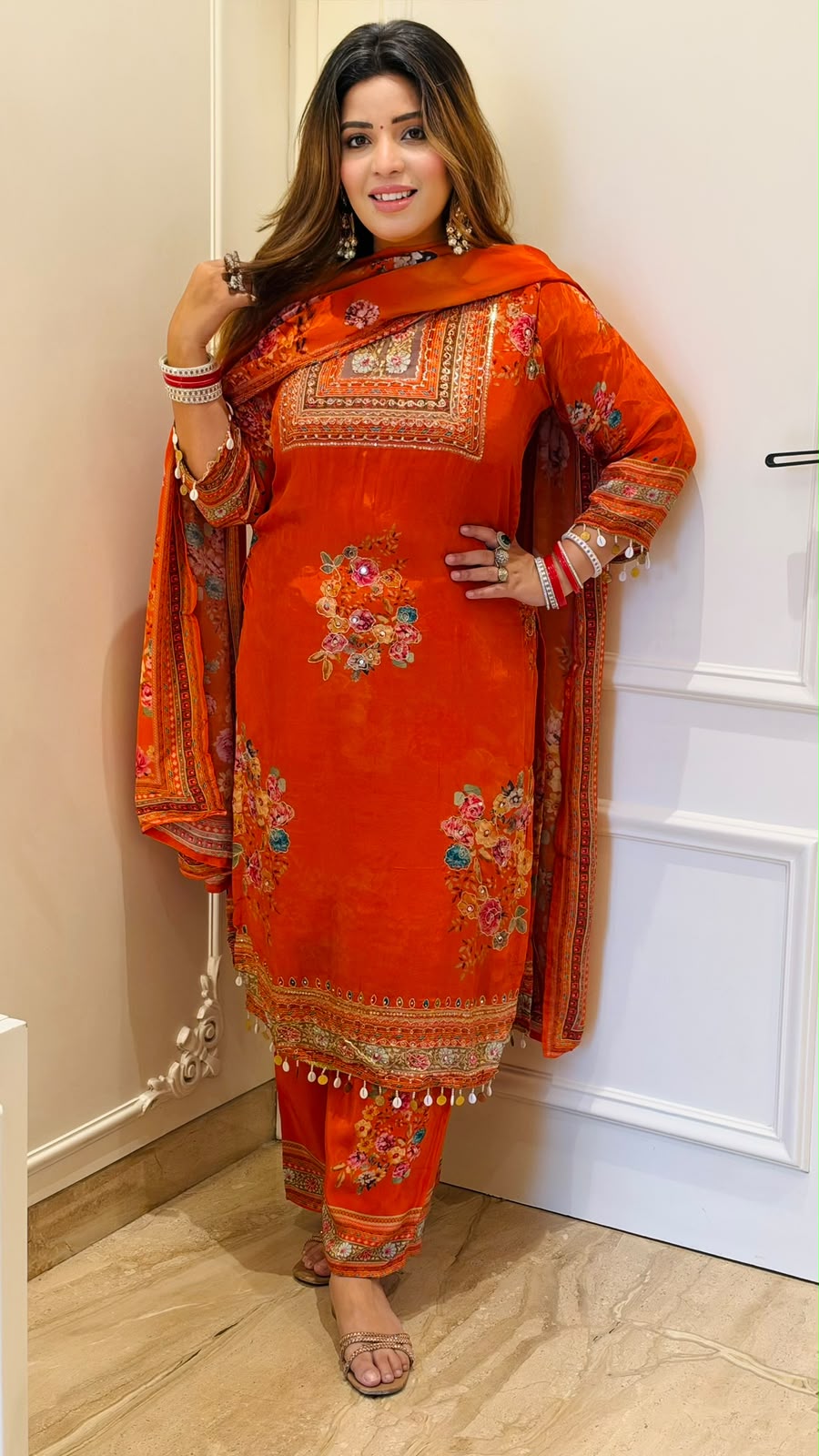 Nisha Crepe Suit Set- Orange