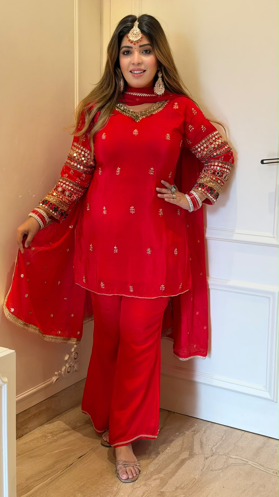 Sakina Crepe Bell-Bottom Suit Set- Tomato Red