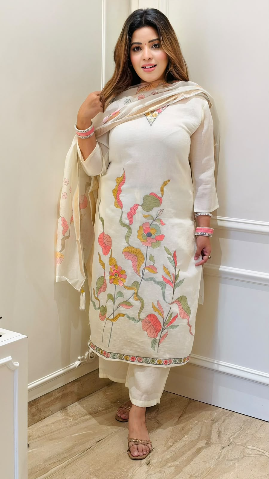Saloni Cotton Suit Set- Offwhite, Pink