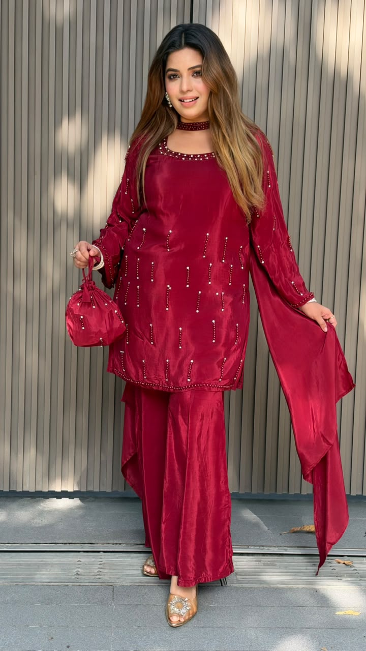 Prachi Crepe Designer Suit Set- Maroon