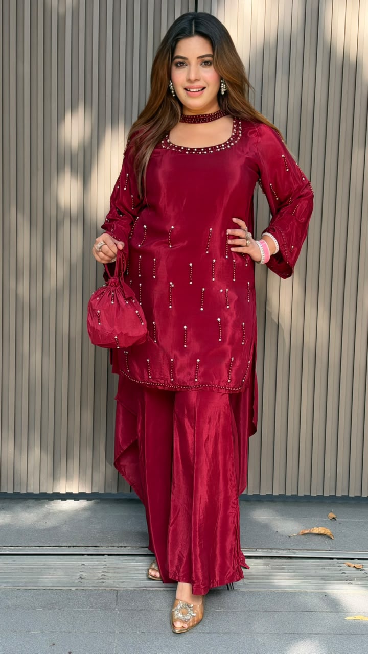 Prachi Crepe Designer Suit Set- Maroon