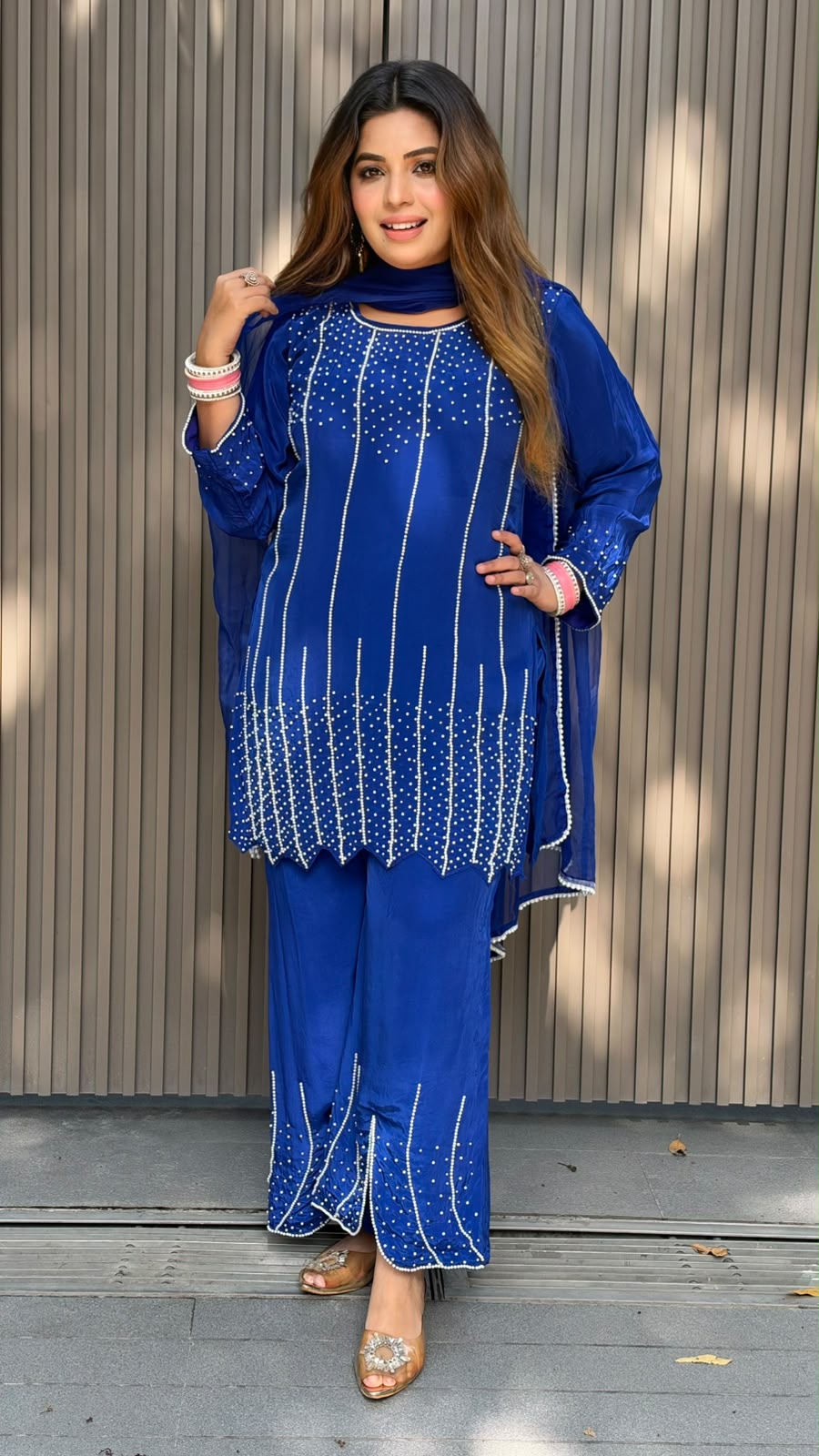 Shikha Crepe Suit Set- Blue, Red