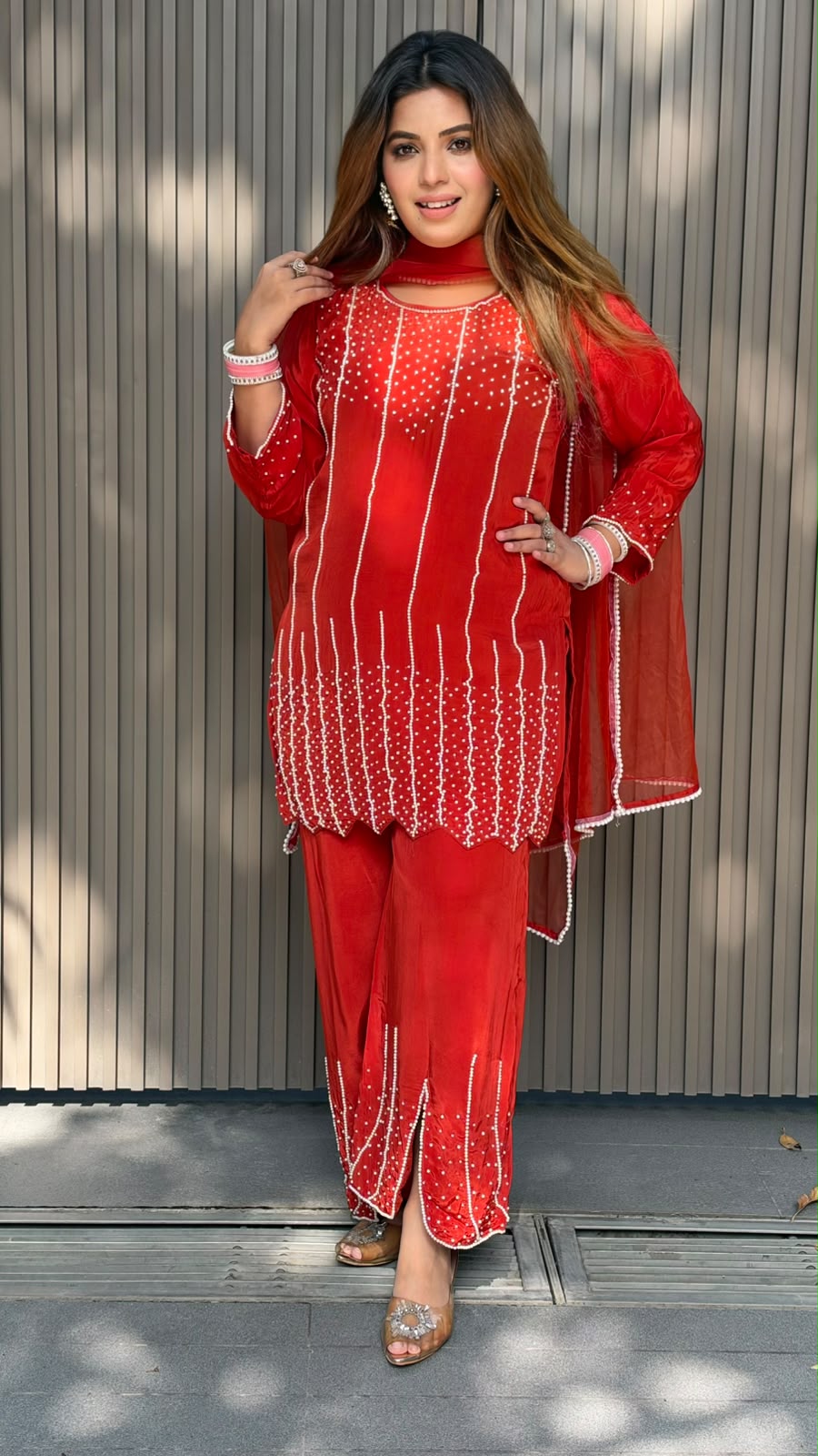 Shikha Crepe Suit Set- Blue, Red