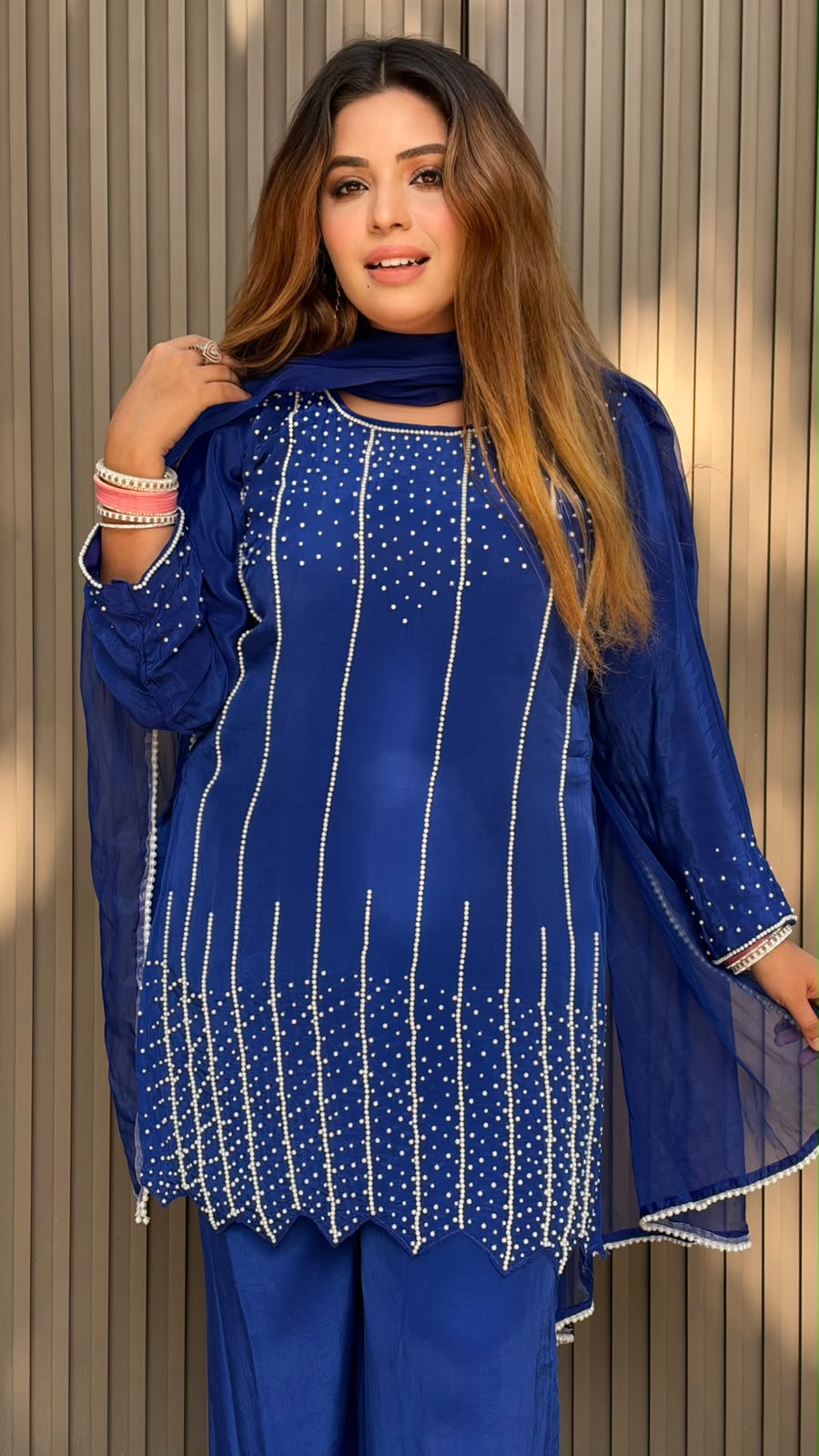 Shikha Crepe Suit Set- Blue, Red