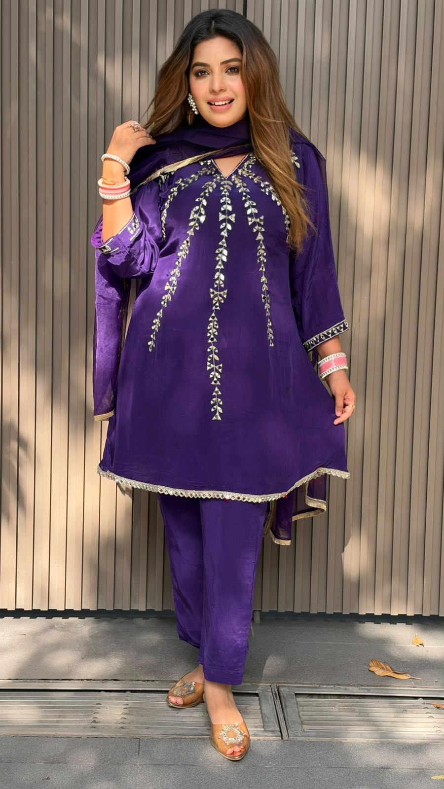 Rajvi Crepe A-Line Suit Set- Purple, Pink