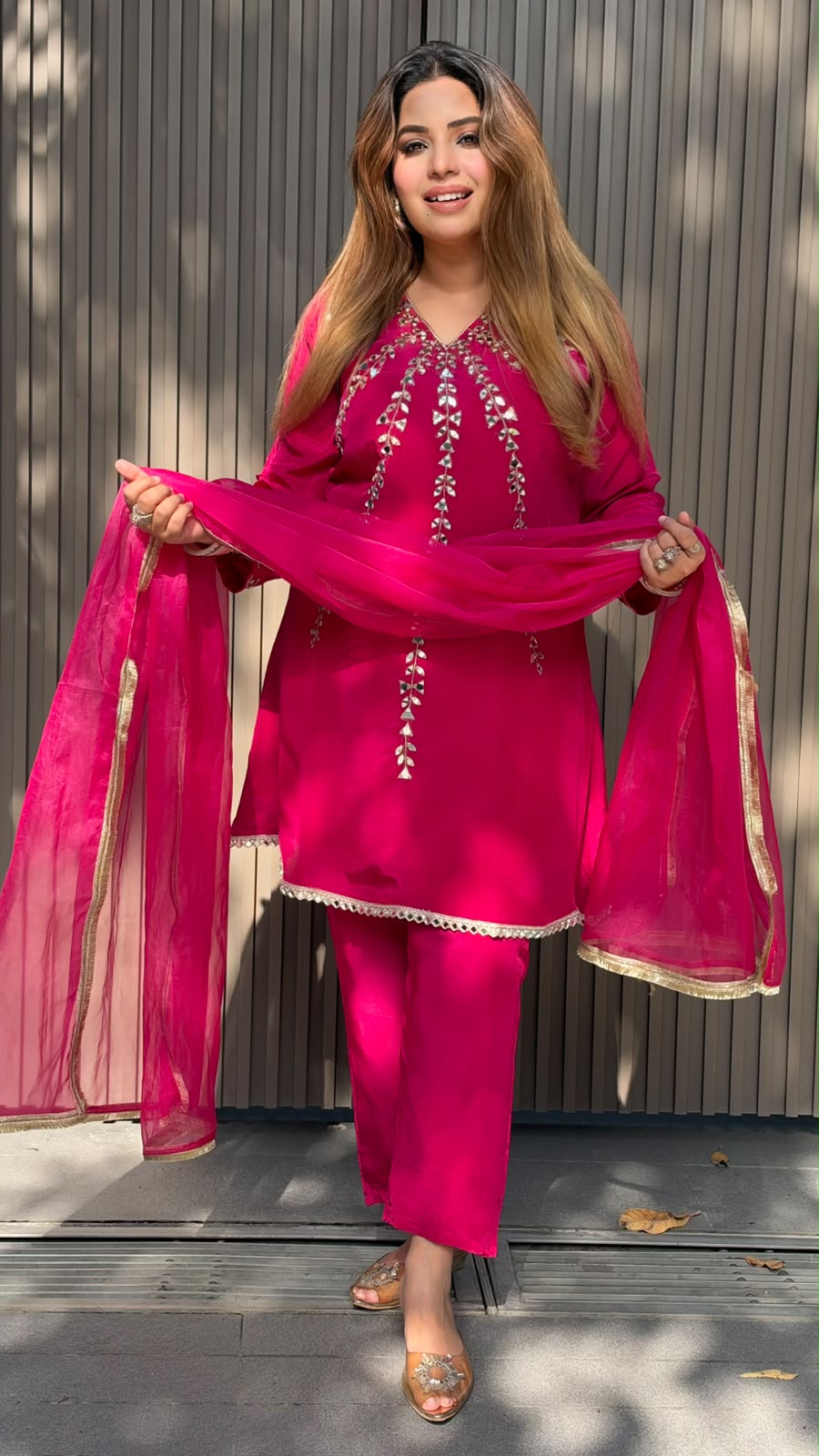 Rajvi Crepe A-Line Suit Set- Purple, Pink