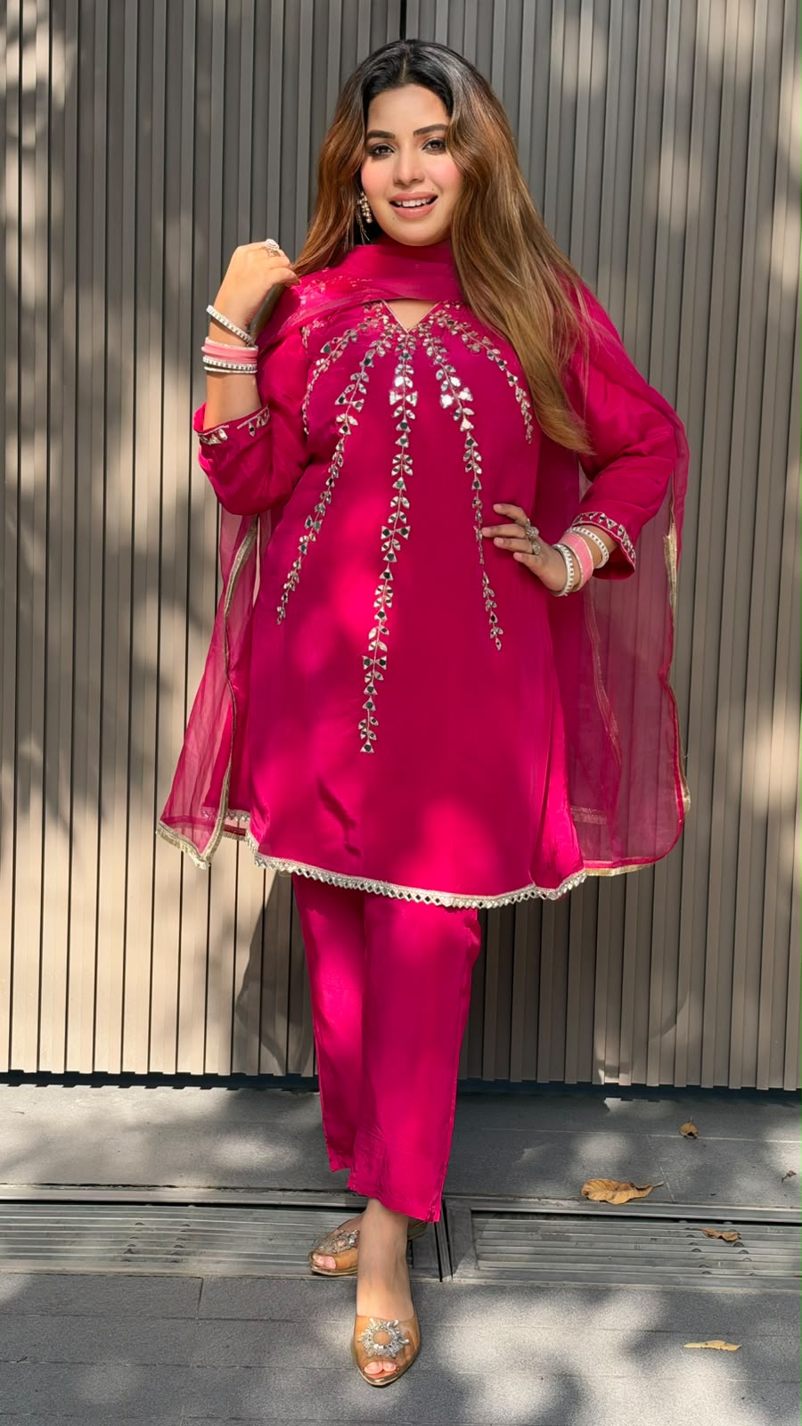 Rajvi Crepe A-Line Suit Set- Purple, Pink