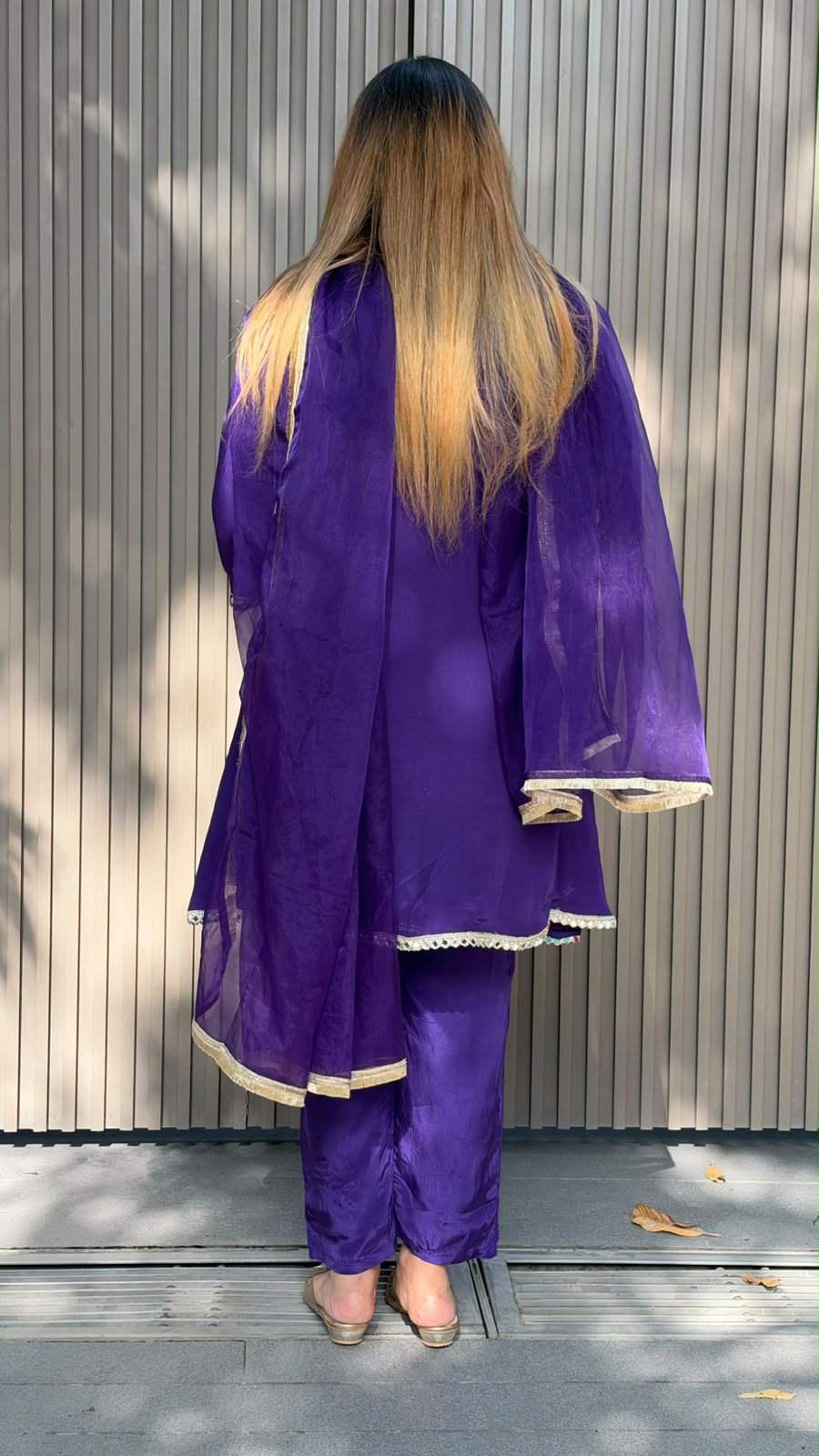 Rajvi Crepe A-Line Suit Set- Purple, Pink