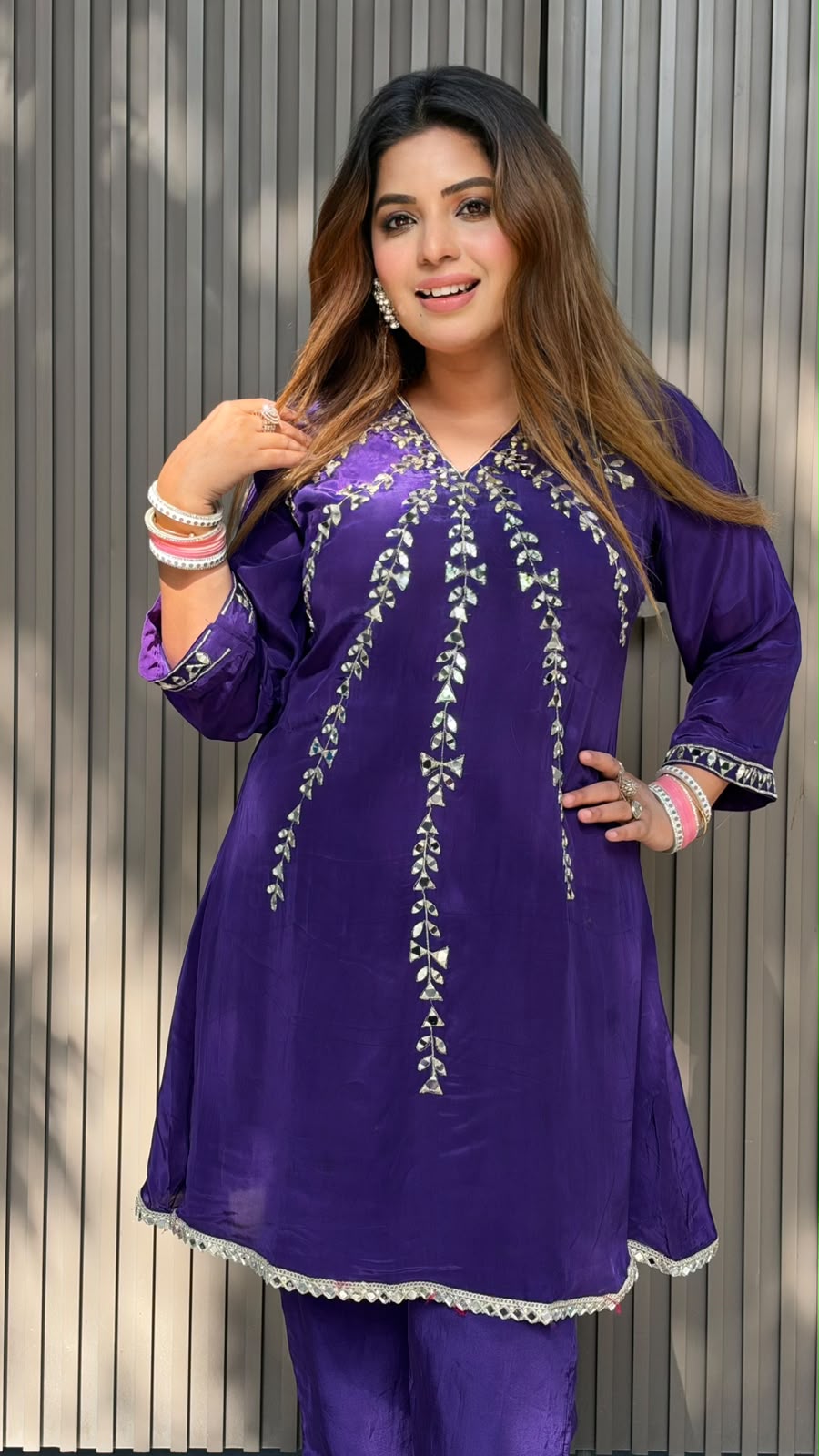 Rajvi Crepe A-Line Suit Set- Purple, Pink