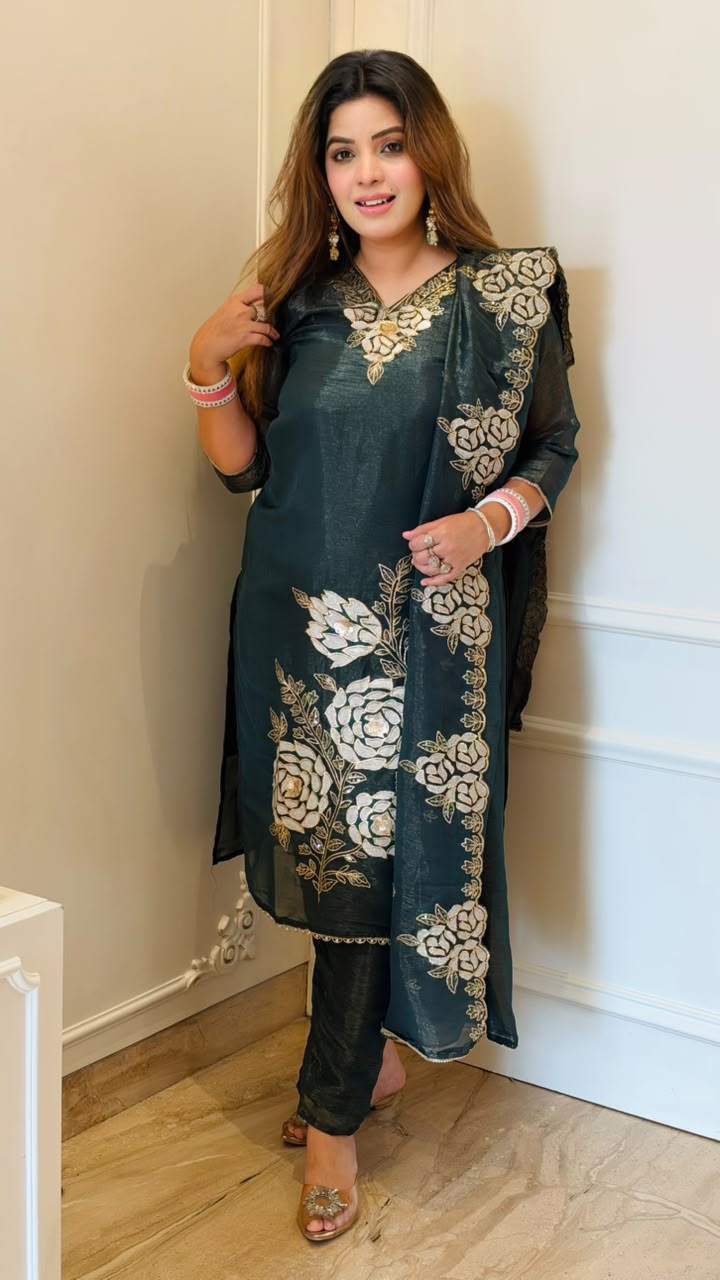 Sanika Shimmer Organza Suit Set- Green, Pink