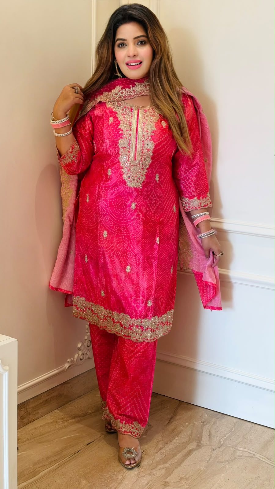 Sanjana Bandhej Crepe Suit Set- Pink