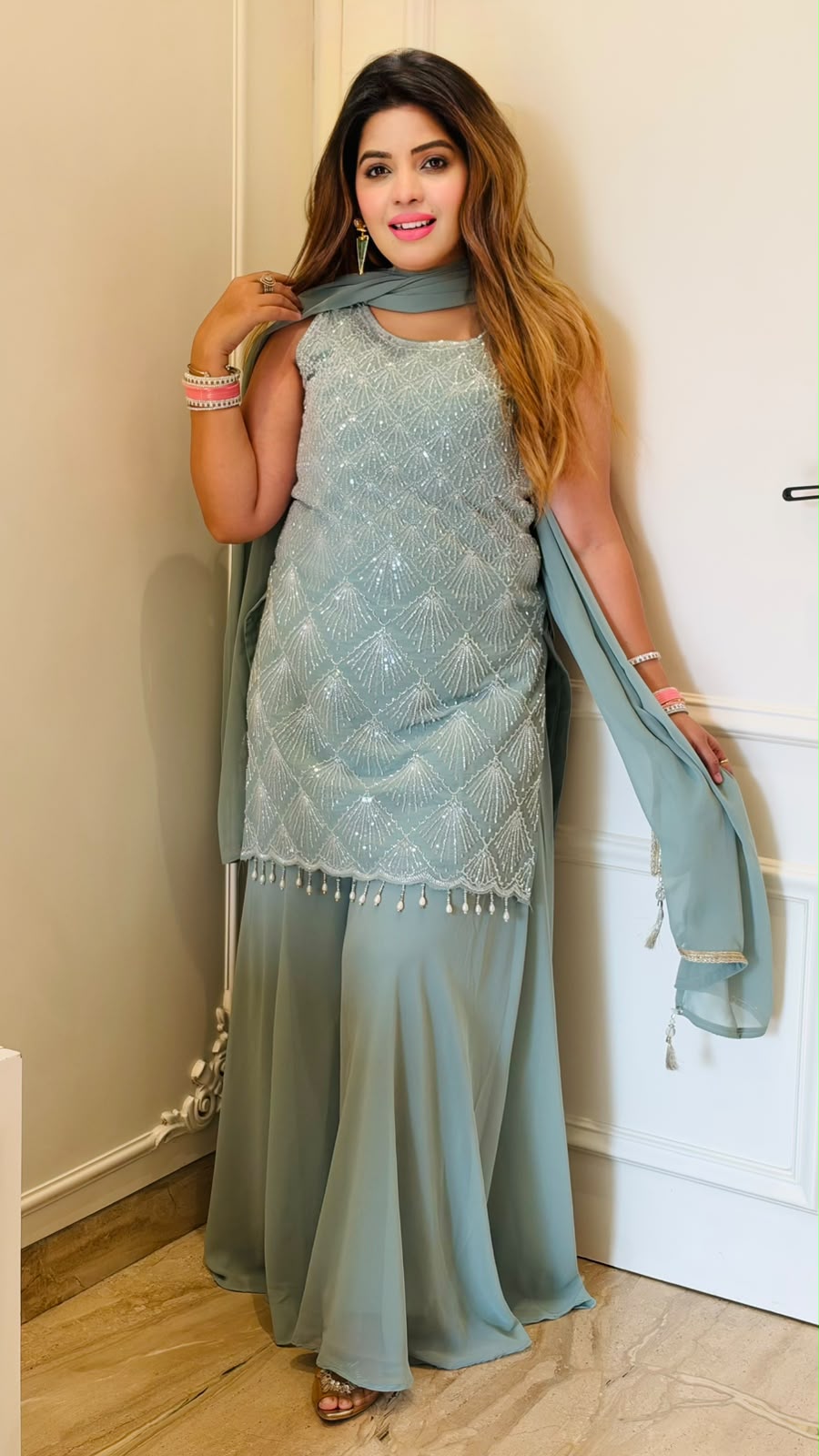 Sarika Georgette Plazo Suit Set- Gray, Lavender, Black