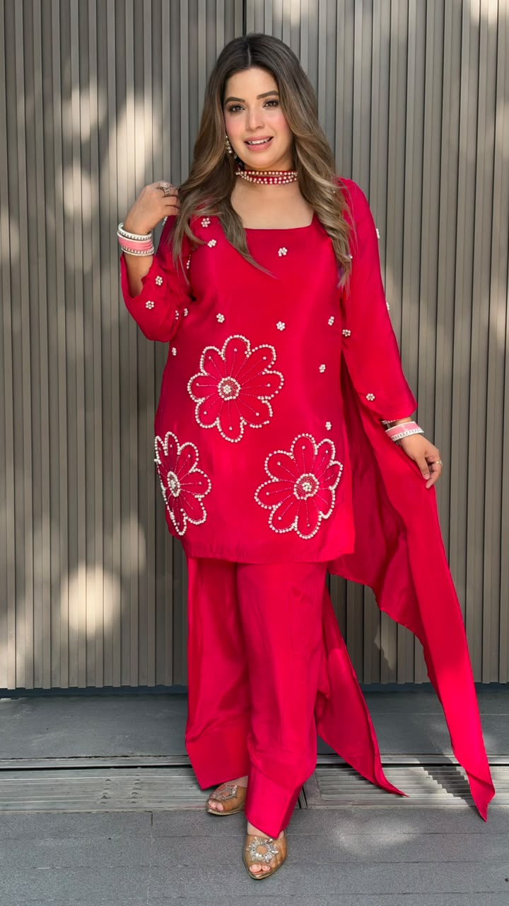 Smriti Crepe Suit Set- Pink, Orange