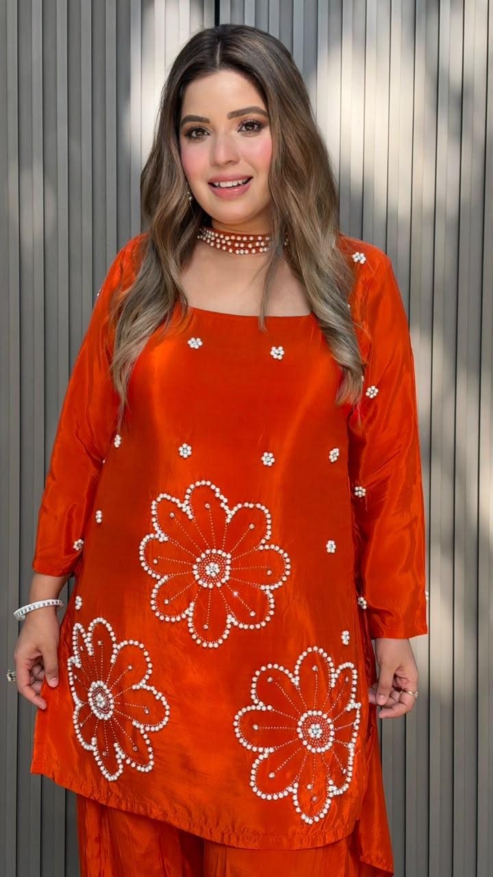 Smriti Crepe Suit Set- Pink, Orange