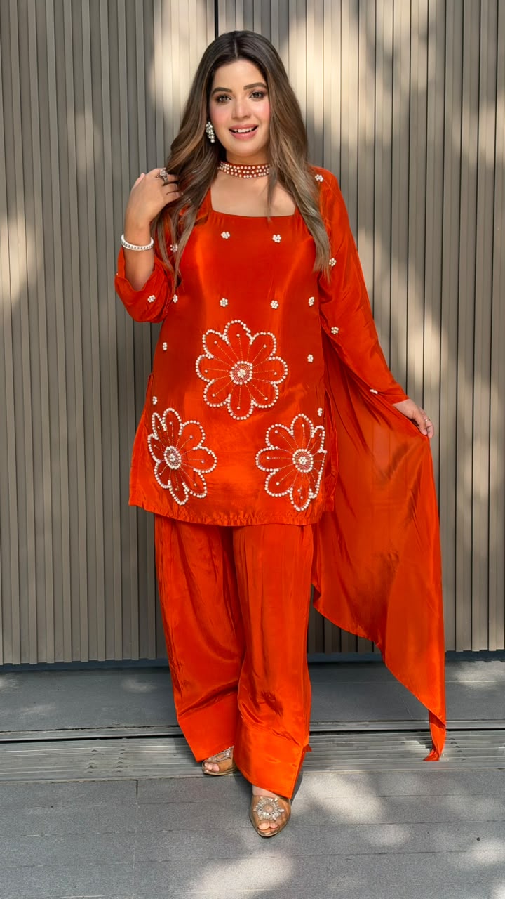 Smriti Crepe Suit Set- Pink, Orange