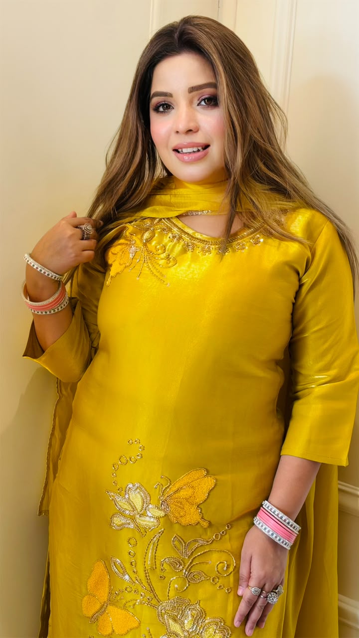 Sonali Shimmer Suit Set- Yellow, Beige