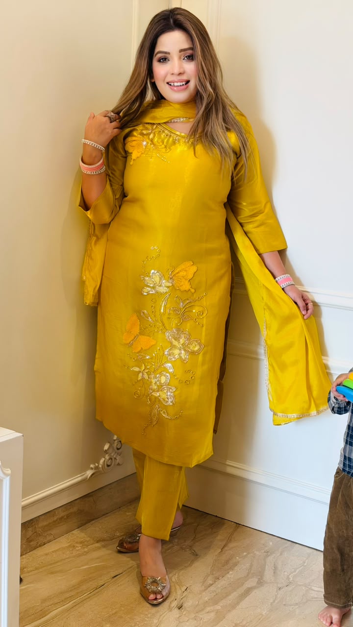 Sonali Shimmer Suit Set- Yellow, Beige