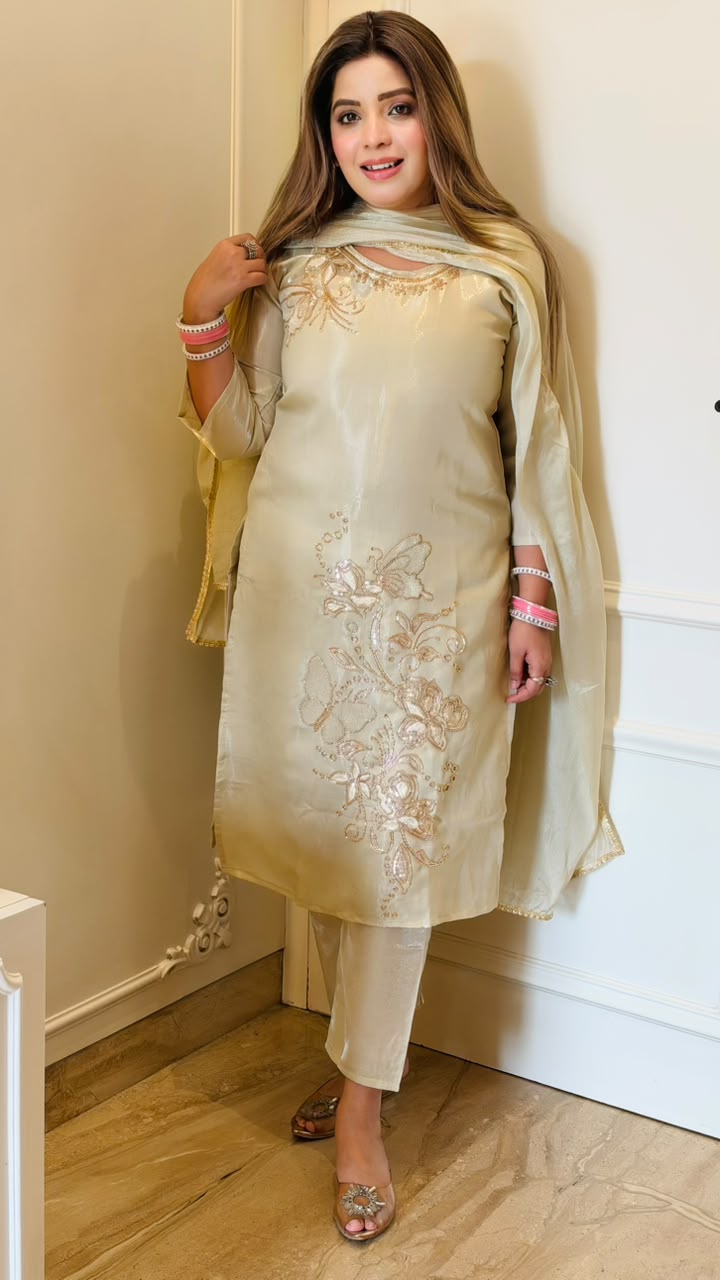 Sonali Shimmer Suit Set- Yellow, Beige