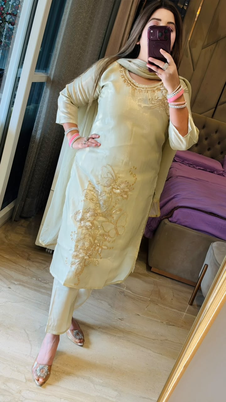 Sonali Shimmer Suit Set- Yellow, Beige