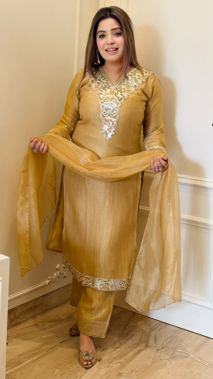 Swara Salsa Suit Set- Beige, Green