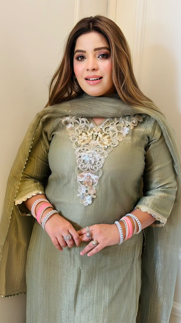 Swara Salsa Suit Set- Beige, Green