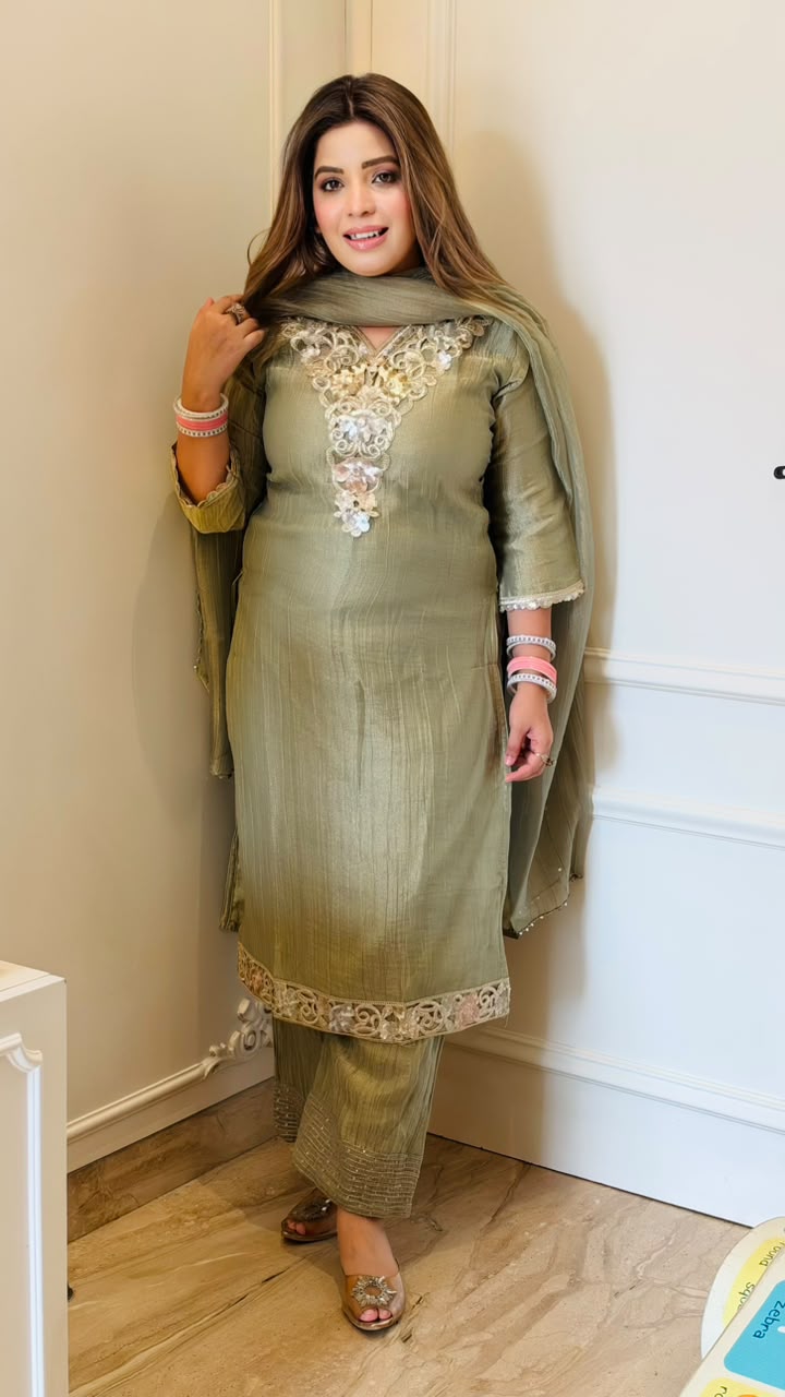 Swara Salsa Suit Set- Beige, Green