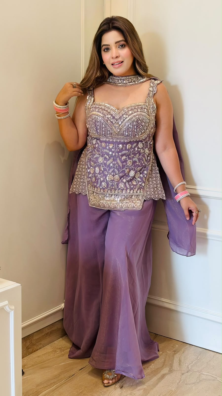 Tamanna Indo-Western Partywear Dress- Pink, Gray, Lavender