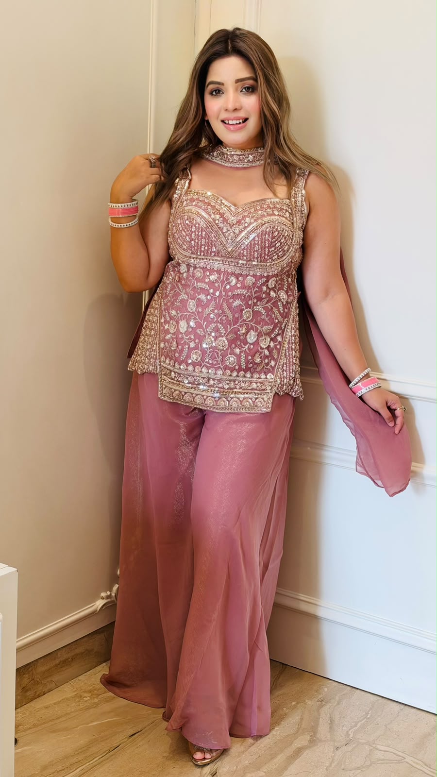 Tamanna Indo-Western Partywear Dress- Pink, Gray, Lavender
