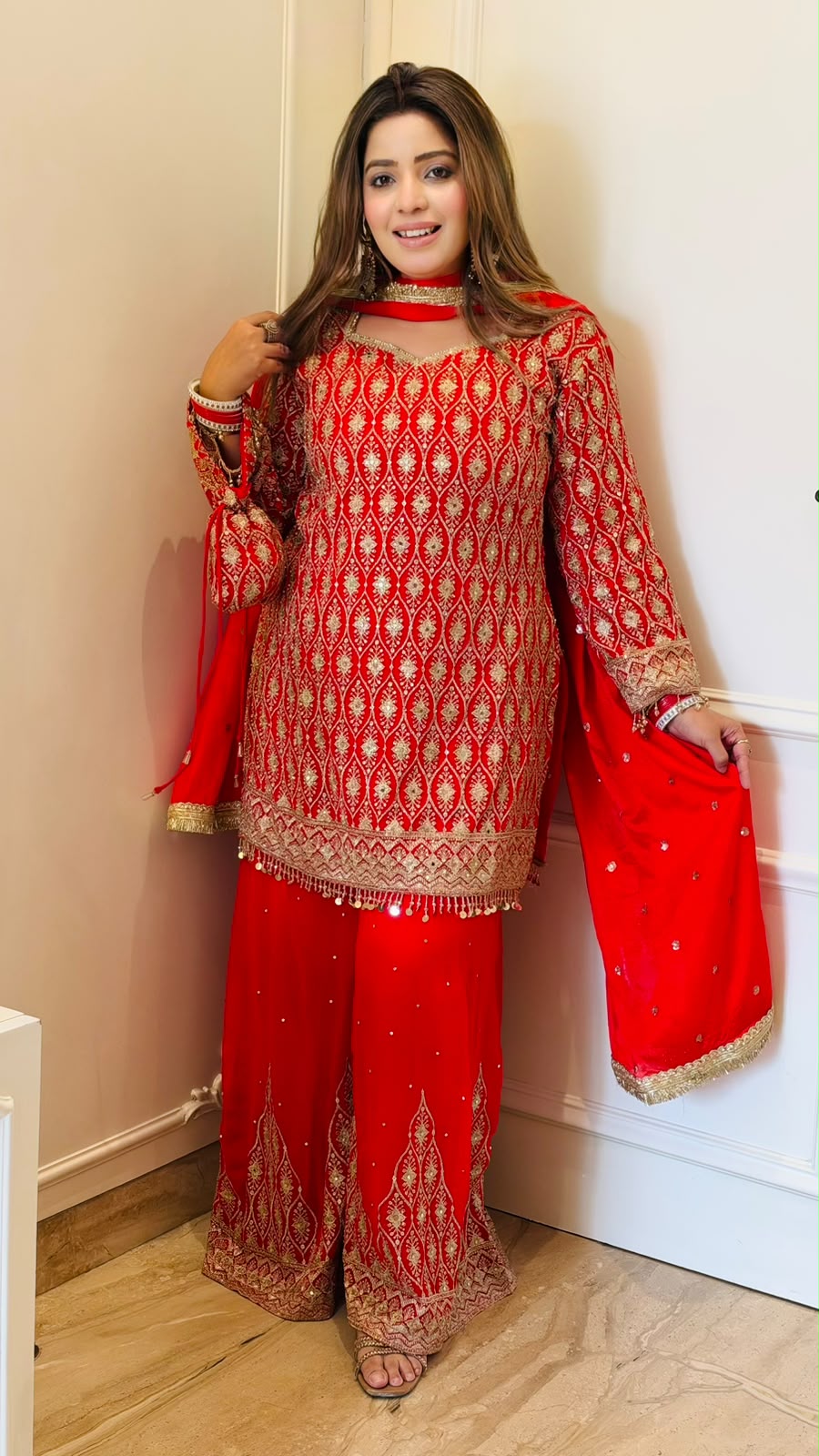 Tanuja Georgette Sharara Suit Set- Red