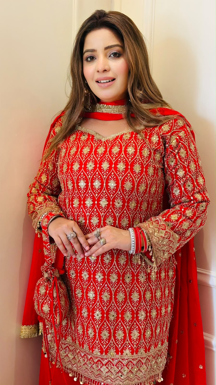 Tanuja Georgette Sharara Suit Set- Red