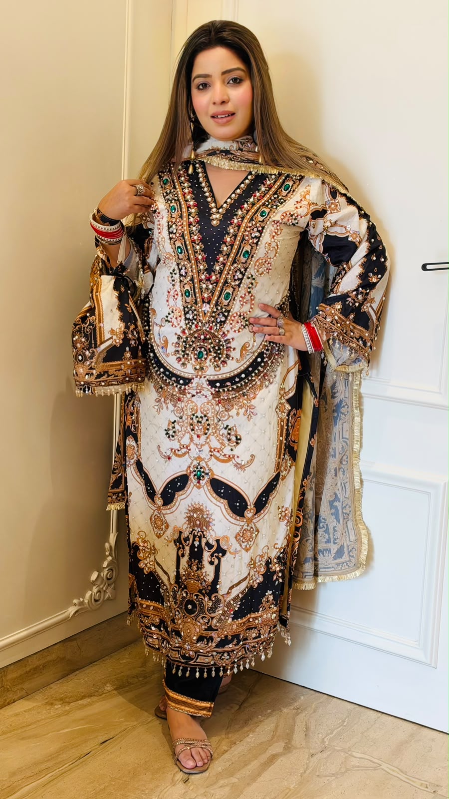 Trupti Crepe Digital Print Suit Set- Beige