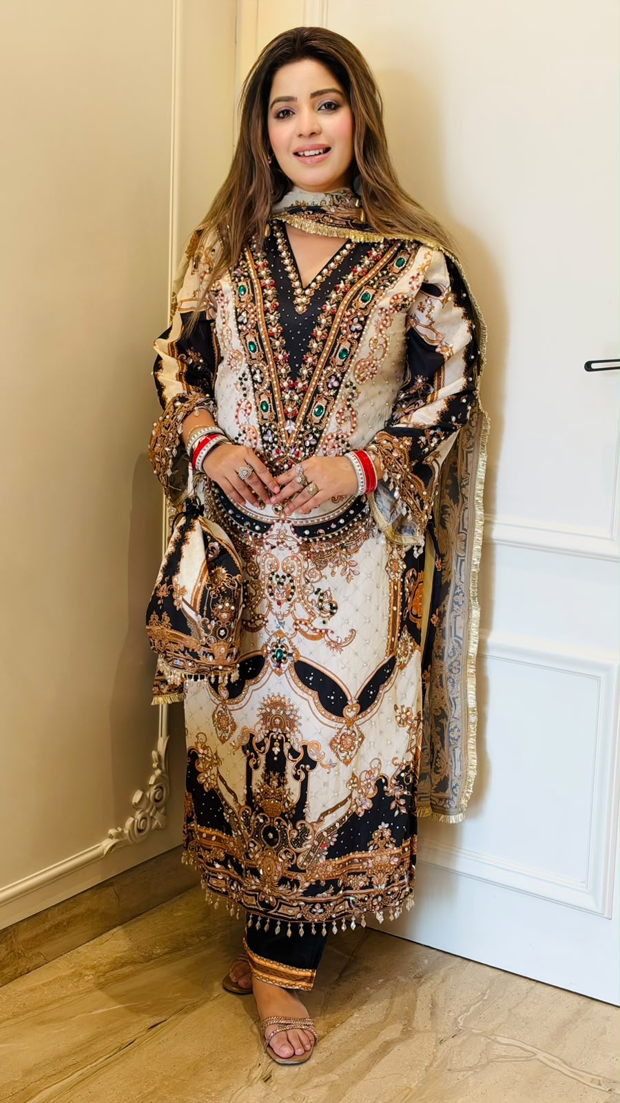 Trupti Crepe Digital Print Suit Set- Beige