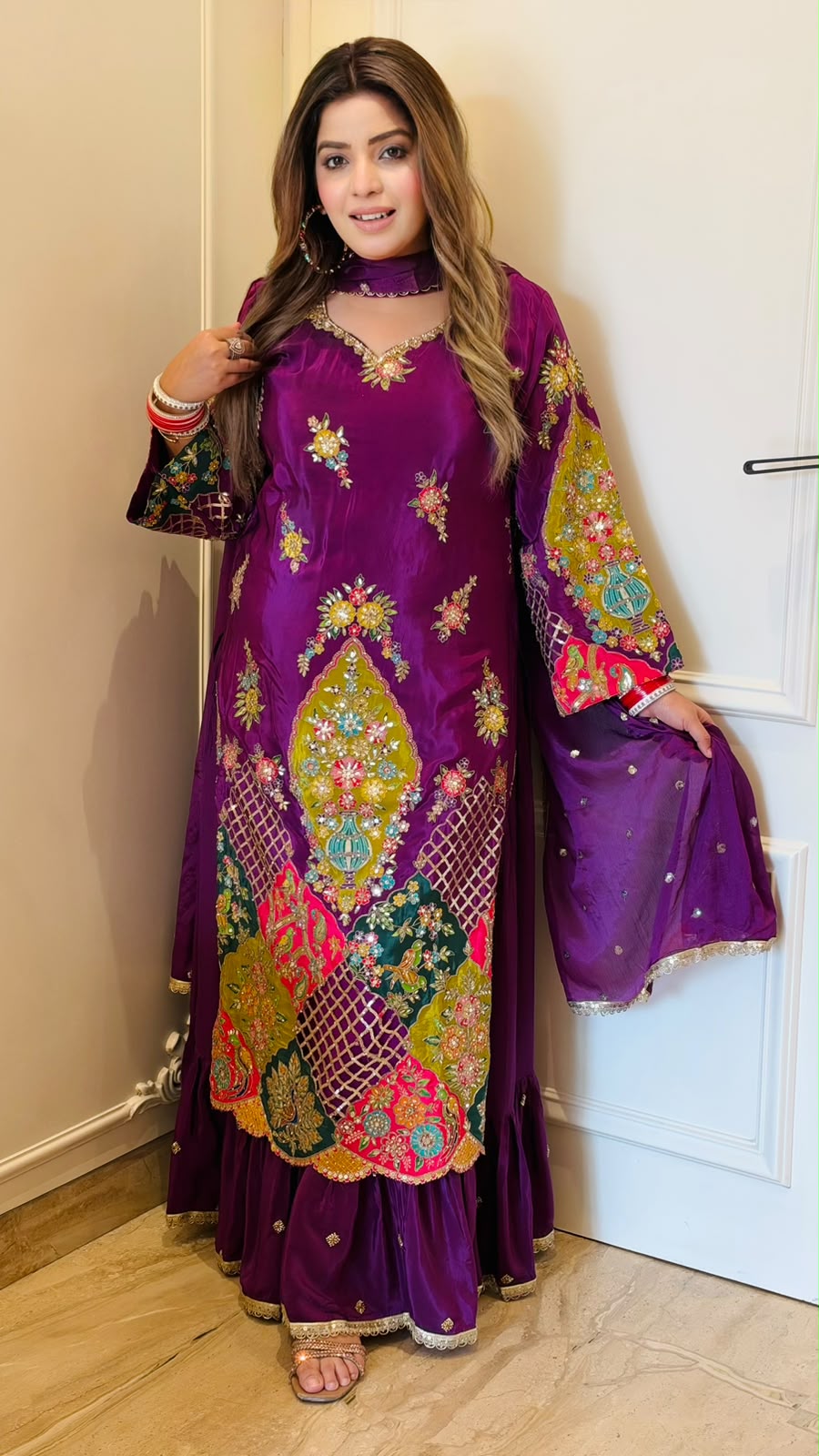 Tulika Crepe Suit Set- Red, Purple, Black