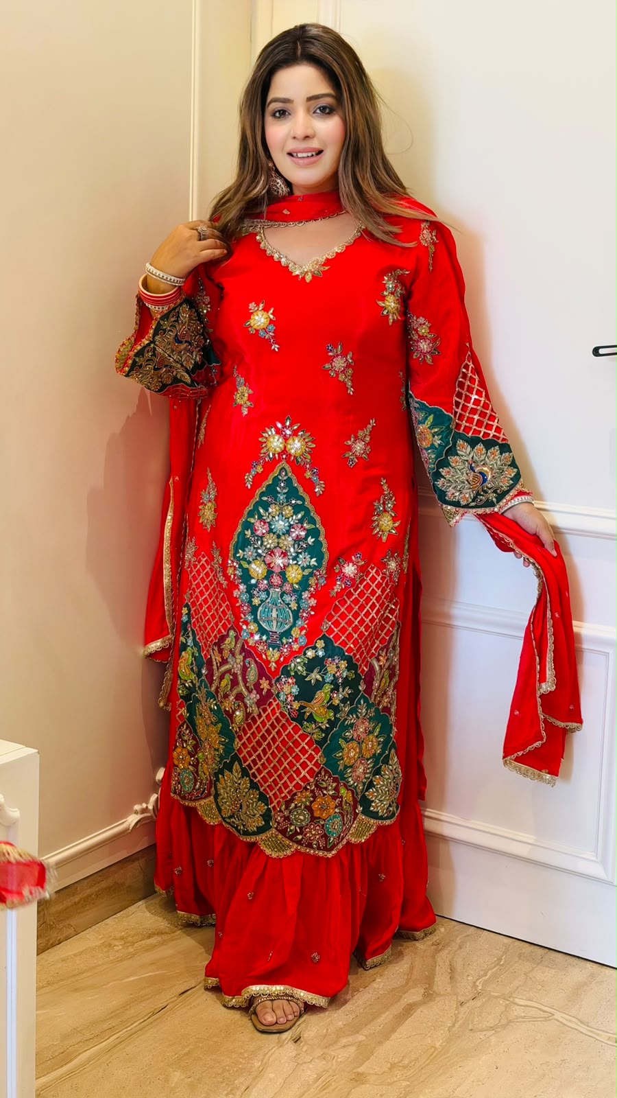 Tulika Crepe Suit Set- Red, Purple, Black