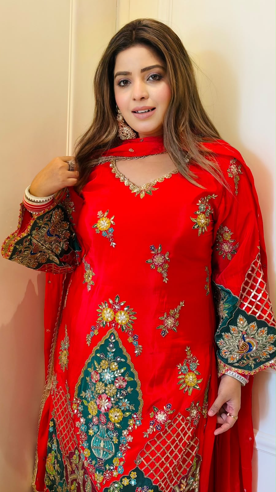 Tulika Crepe Suit Set- Red, Purple, Black